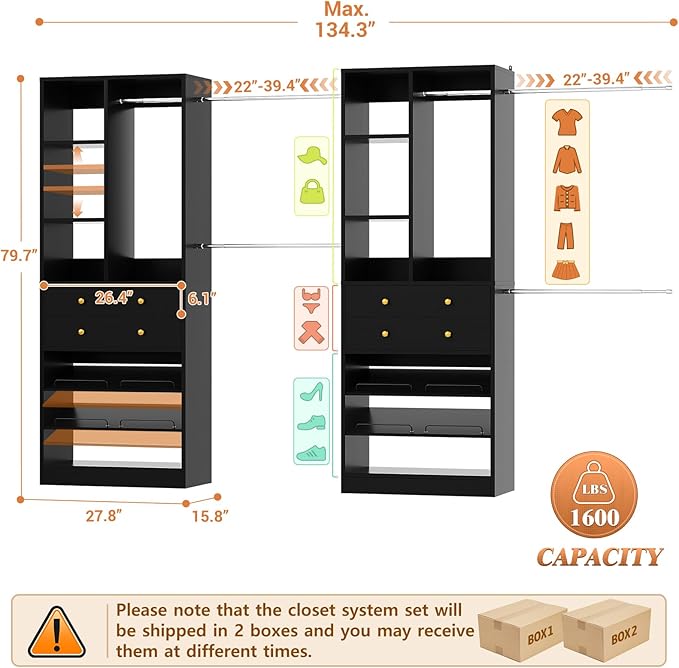 Closet System, Up to 134"/11.2 FT Closet Organizer with 4 Wooden Drawers and Shelves, Walk-in Closet System with 6 Hanging Rods, Built-in Closet Can Fit 96"/8FT, 120"/10FT, Black
