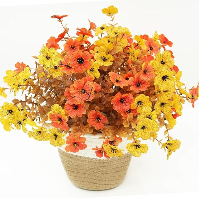 Artificial 15-Bloom Violet Flowers, Fake Flowers for Indoor Outdoor Decor, Faux Plants for Garden, Porch, Fall and Seasonal Decoration, UV Resistant Faux Plants (Orange and Yellow)