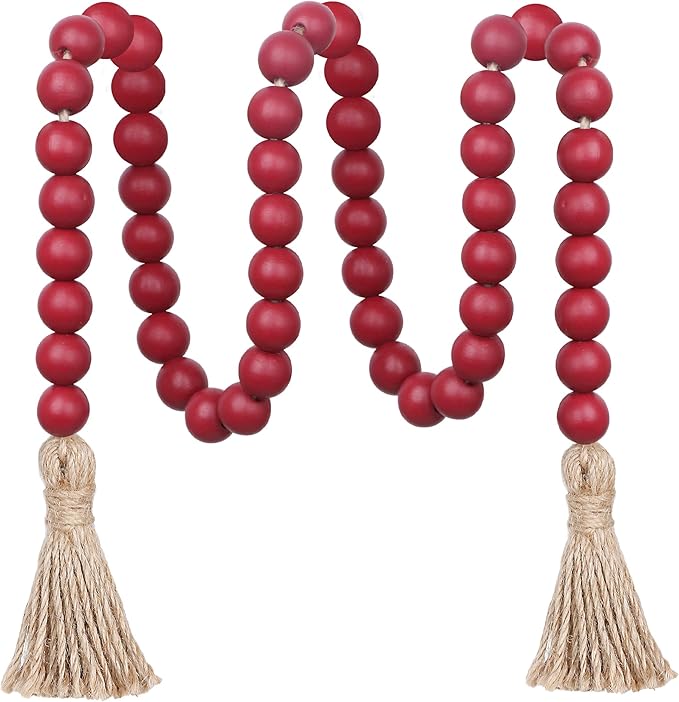 Meplait 39in Wood Bead Garland Farmhouse with Tassels,Versatile Prayer Beads Boho Chic Wall Hanging Home Decor (Burgundy)