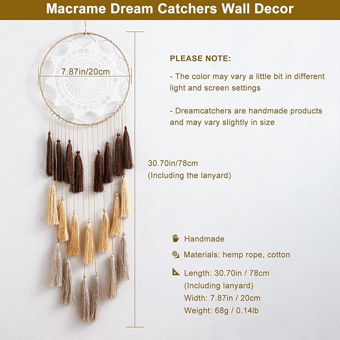 Artilady Macrame Dream Catchers for Bedroom - Tassel Wall Hanging Handmade Dreamcatchers Home Decor with Tassel Feather Ornament Craft Blessing Gift (Mix Brown)