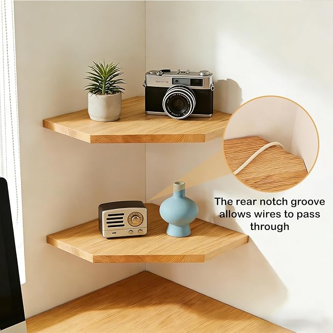 JiudunsKylight Wall Mounted Corner Floating Shelf Set of 3, with Wire Hole, 8.5/11.2/13.2 Inch Oak Shelves for Bedroom, Kitchen, Living Room, Storage and Display for Small Plants