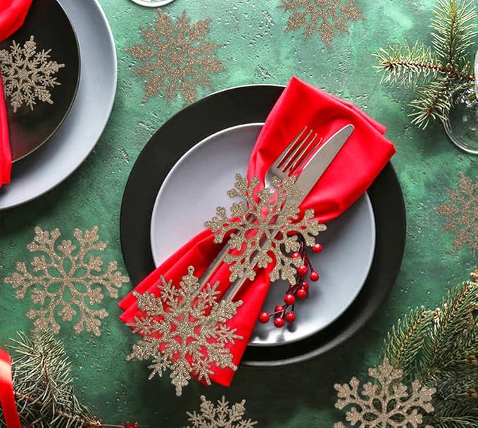 36pcs Christmas Champagne Gold Snowflake Ornaments Plastic Glitter Snow Flakes Ornaments for Winter Christmas Tree Decorations Size Varies Craft Snowflakes