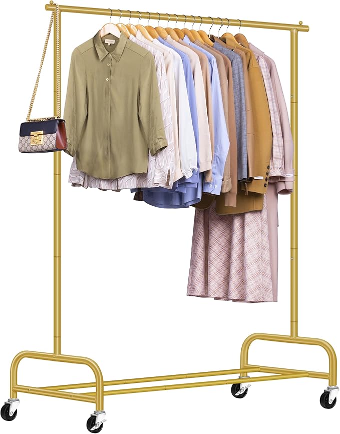 SLEEPING LAMB Heavy Duty Clothes Racks for Hanging Clothing Rack, 43" Wide Rolling Garment Rack Metal Wardrobe Rack with Wheels Closet Hanger Rack for Coats, Shirts, Dress (Gold)