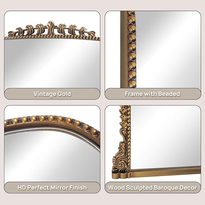 Vintage Baroque Arched Mirror - Traditional Ornate Antique Brass Wood Frame - 36"X23" - Ideal for Entryway, Fireplace, Living Room, Hallway, Bathroom