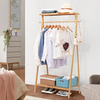 Bamboo Clothing Garment Rack with 2 Tier Storage Shelf Clohes Hanging Stand Portable Closet Organizer for Bedroom Small Apartment Guest Room Laundry Room
