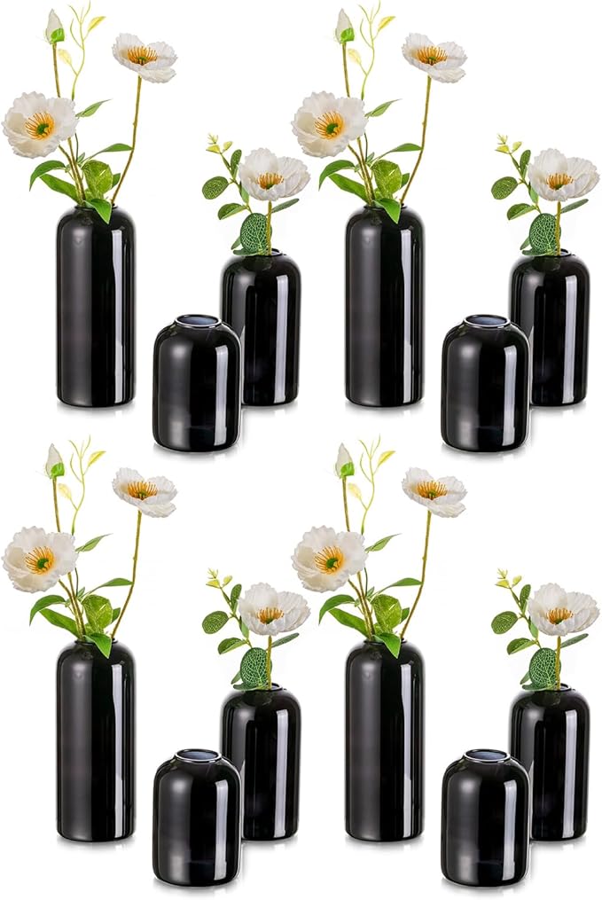 Black Glass Bud Vases for Flowers - Hewory Set of 12 Blown Modern Small Glass Vases for Centerpieces, Mini Bulk Flower Vase for Wedding Party Events Home Decor Floral Arrangements (Not Include Flower)