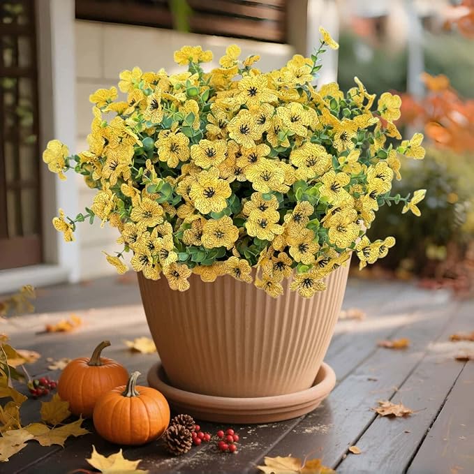 Artificial Flowers for Outdoor UV Resistant Fake Plants, 12 Bundles Fake Mums Silk Daisy in Pots for Porch Patio Garden, Faux Potted Home Decor for Outside (Yellow)