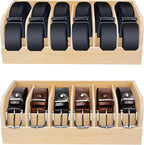 GTI Belt Organizer, 2pcs 6 Compartments Belt Organizer for Closet and Drawer, Bamboo Display Case for Tie and Belt, Belt Holder Storage Organizer for Men Women (Wooden)