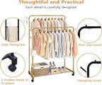 AT-VALY Double Rod Clothing Rack with wheels,Garment Rack for Hanging Clothes,Multi-functional Bedroom Clothes Rack (Gold)