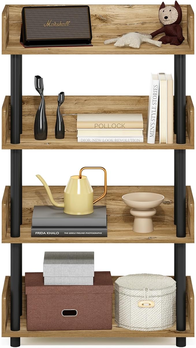 Furinno TURN-N-TUBE 4-Tier Display Shelf, Storage Shelves, Book Shelf, Open Shelves with Rounded Corner Top Edges, for Organization and Storage, Living Room, Home Office, Flagstaff Oak