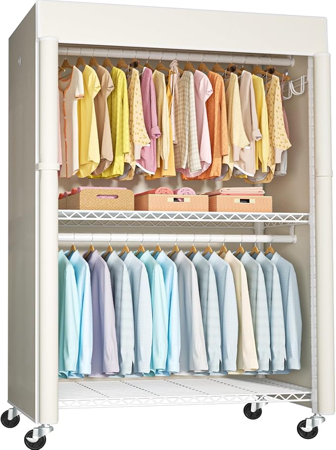 FUTASSI White Clothing Rack with Beige Cover, P1C Plus Rolling Closet with Wheels, Metal Garment Rack for Hanging Clothes, Clothing Storage Wardrobe, 46" W x 18.5" D x 80.7" H, Load 524 Pounds