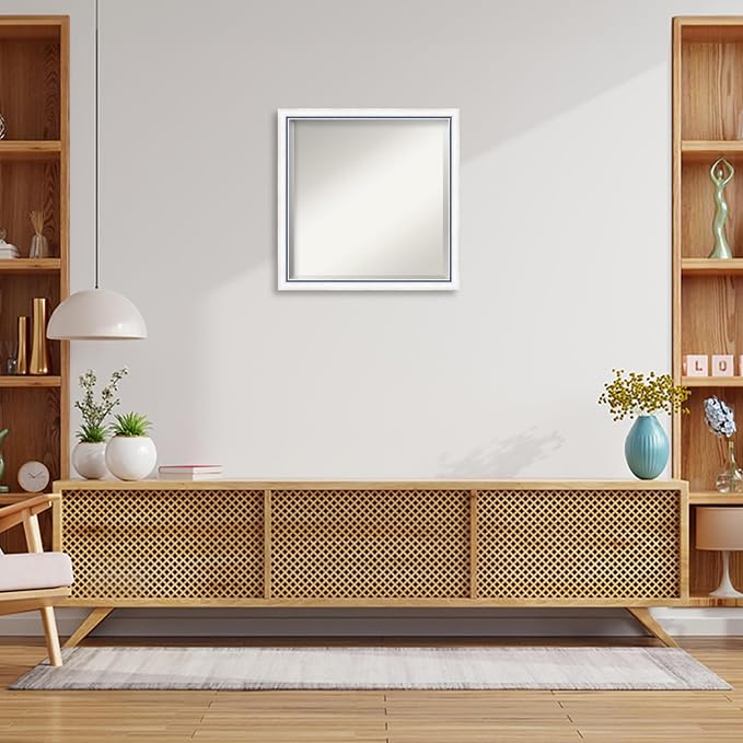Amanti Art White Wall Mirror 22x22 Morgan White Blue Square Bathroom Mirror for Wall Decor Living Room, Medium Modern Wood Frame, Hangs Horizonally and Vertically, Bathroom Decor, Beveled Edge