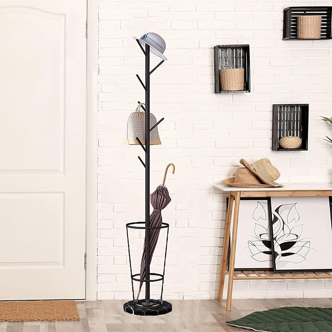 Metal Umbrella Stand with Coat Rack,Modern Umbrella Holder for Entryway,Freestanding Umbrella Rack with Marble Base,Tall Umbrella Storage for Indoor Outdoor Patio(66.9″, Gold White)