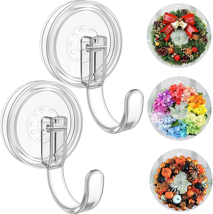 Clear Wreath-Hanger, 22 LB Strong Suction-Cup-Wreath-Hooks, 2 Pack Wreath-Door-Hanger Easter Halloween Christmas Decorations, Welcome Sign for Front Door Indoor Outdoor, Removable Holder Window Glass