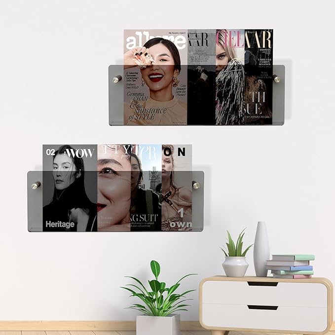 2-Pack 17 Inch Black Acrylic Magazine Holder, Sleek Wall Mounted Brochure Rack & Floating Bookshelf, Modern Stylish Magazine Display for Office, Waiting Room, Living Room, Fashion Home Decor