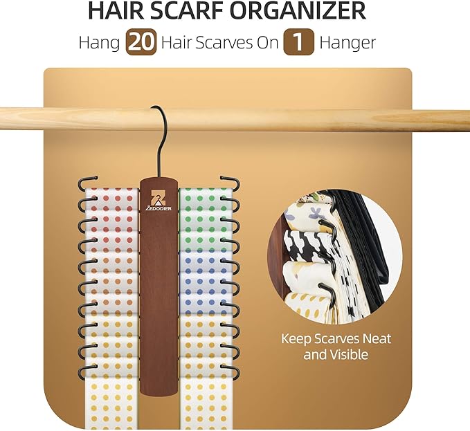 ZEDODIER Wooden Tie Rack, Tie Hanger for Men Closet, 20 Storage Capacity, Non-Slip Rotatable Tie Organizer, Hanging Space Saving Holder, Vintage