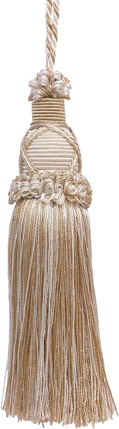 DÉCOPRO 5 1/2" (14cm) Key Tassel 4" (10cm) Loop with Criss Cross Design (Style# KTIC) White Sands Multicolor #4001 (White Ivory Cream Ivory Light Beige) Set of 2