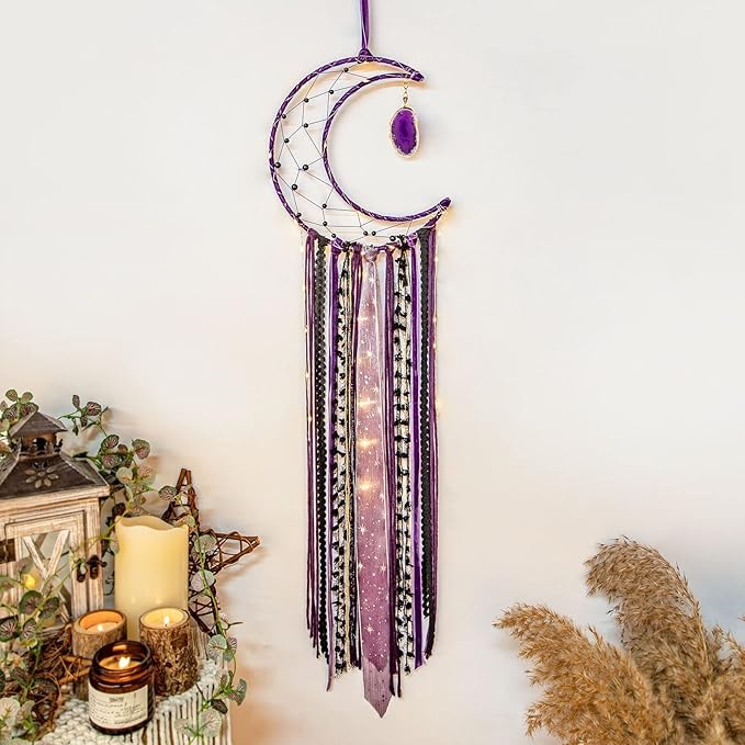 Witchy Crescent Moon Dream Catcher with Purple Agate, Witch Pagan Woven Wall Hanging Dreamcatcher with Light, Gothic Wiccan Hippie Decor with Ornament Decoration Women Gift for Bedroom Christmas