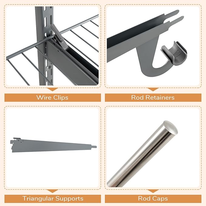 Giantex Closet Organizer System, Wall-mounted Custom Closet Kit w/Adjustable Storage Shelves, Wardrobe Clothes Rack w/Hanging Rods, Perfect for Coats, Pillows, Blanket (Gray, 98.5"x13.5"x48)