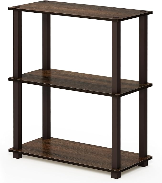 Furinno TURN-S-TUBE Storage Shelves, 3-Tier Book Shelf, Corner Shelf, Toolless Open Shelves, for Organization and Storage, Living Room, Garage, Home Office, Walnut