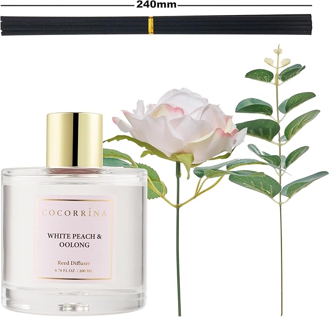 Cocorrína Flower Reed Diffuser - White Peach& Oolong 6.7oz Scented Diffuser with Sticks Home Fragrance Essential Oil for Bathroom Shelf Decor (Artificial Flower)