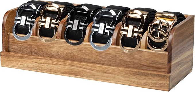 MinBoo Acacia Wood Belt Organizer Box,6 Grids Belt Rack for Closet and Drawer, Belt Storage Organizer and Displayer for Men Women