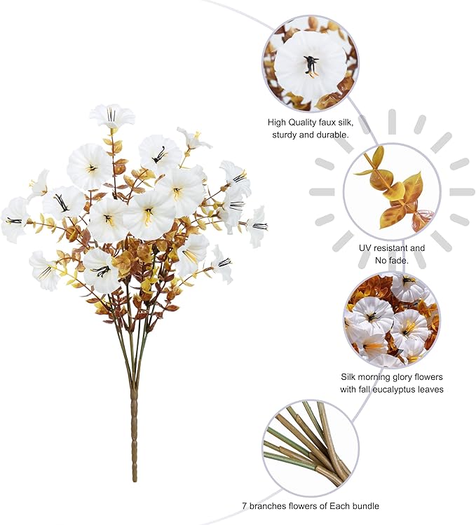 Fake Mums Fall Artificial Flowers Plants for Outdoors Autumn Decoration, 12 Bundles White Silk Morning Glory with Eucalyptus Realistic UV Resistant Faux Flowers for Outside Planter Yard Garden Porch
