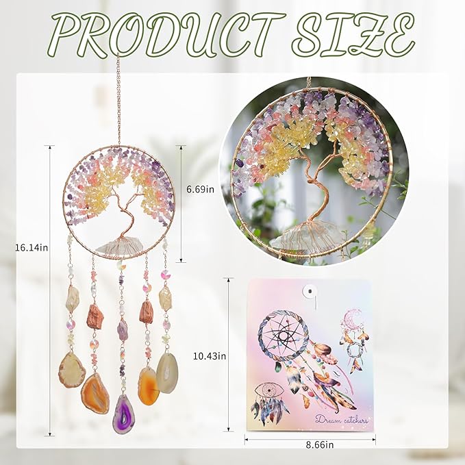 Agate Moon Dream Catchers with Crystal Color Gemstone Dream Catchers Natural Tree of Life Gem Agate Wall Hangings Room Garden Dreamcatchers Decor (Color)