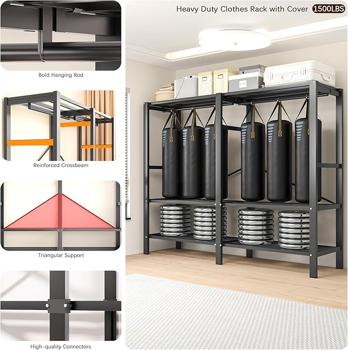 Heavy Duty Portable Closet with Cover Magnetic Doors, Metal Rolling Clothes Rack Heavy Duty 1500LBS, Foldable Clothing Rack, Garment Racks for Bedroom/ LivingRoom/ Rental (KT-WoodgrainBlack, 70.86in)