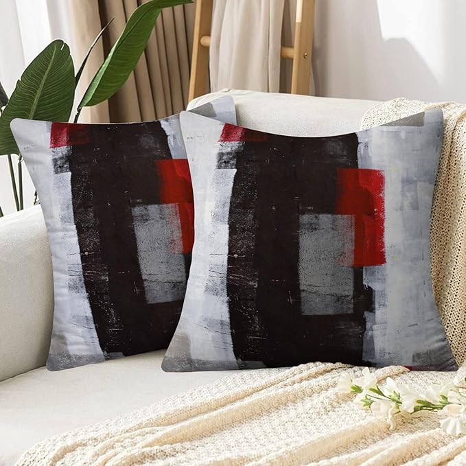 Red and Grey Pillow Cover, Modern Black White Decorative Throw Pillow Cushion Cover for Bedroom Sofa Living Room 22 x 22 Inch Set of 2