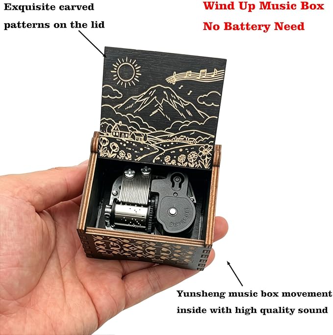 Pursuestar Black Wooden Wind Up Music Box - What a Wonderful World, Vintage Engraved Wood Mechanism Musical Gifts for Anniversary Mother's Day Valentine's Day Christmas Thanksgiving Birthday