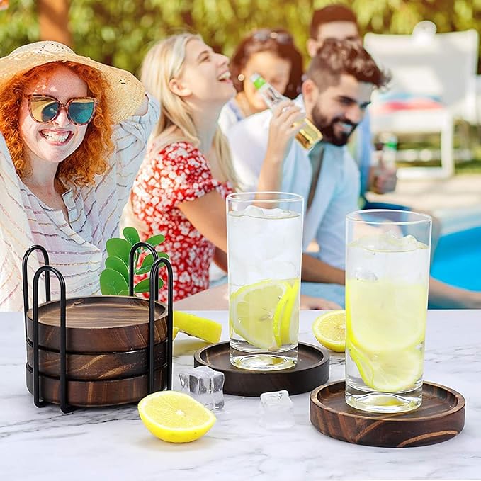 Wooden Coasters for Drinks - Natural Wood Drink Coaster Set for Drinking Glasses, Tabletop Protection for Any Table Type, Set of 4-4.3 Inches (No Holder)