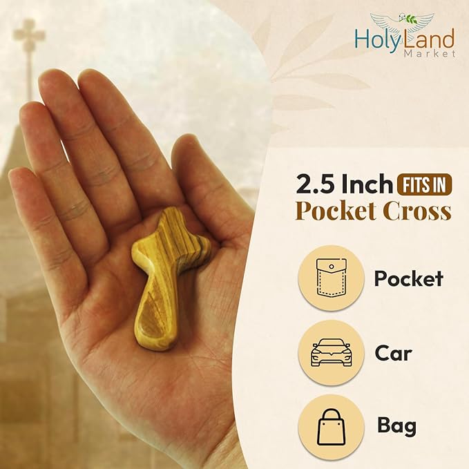 Holy Land Market 5 Olive Wood Crosses From the Holy Land - 2.5 Inch Pocket Palm Crucifix | Handmade Jerusalem, Bethlehem Israel - Gifts by Christians with Certificates -Holy Land Olive Wood Cross x5