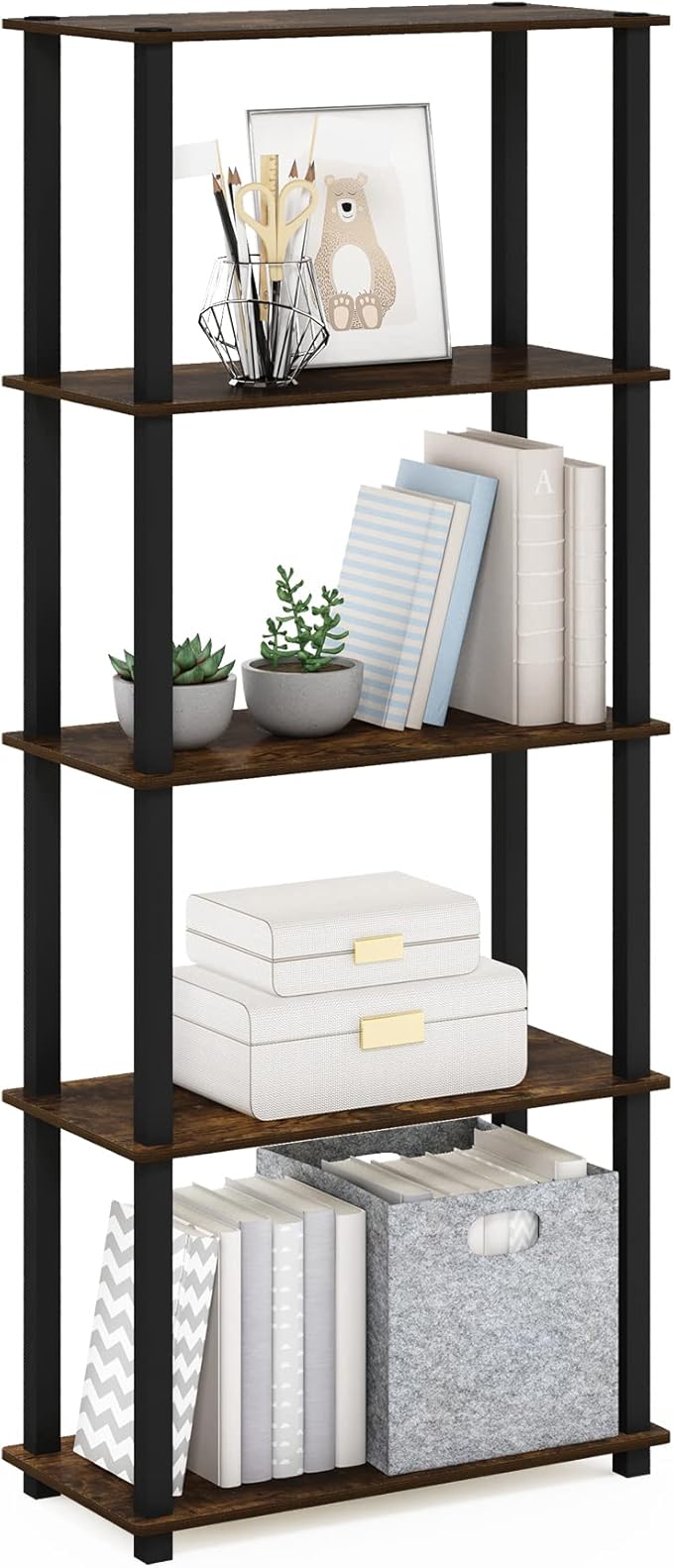 Furinno Turn-S-Tube 5-Tier Multipurpose Shelf Display Rack with Square Tubes, Amber Pine/Black