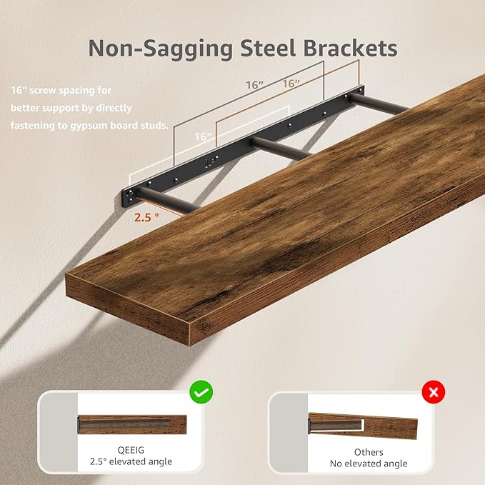 QEEIG Floating Shelves for Wall 47.2" Extra Long - Wall Shelf Bathroom Kitchen Living Room Bedroom Farmhouse Home Decor Display Bookshelf Large 47.2 x 9.3 inch Set of 2, Rustic Brown (008-120BN)