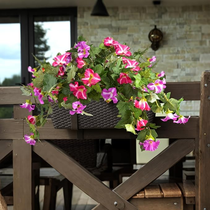 Artificial Morning Glory Fake Flowers for Outdoor Planter Decoration, 2 Pcs Petunias Realistic UV Resistant Faux Silk Flowers for Garden Balcony Porch Indoor Decor (Fuchsia)