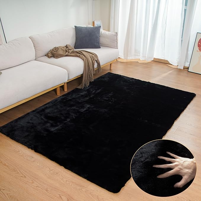 Black Fluffy Living Room Furry Rugs for Living Room Washable Shaggy Area Rugs for Bedroom 4x6 Rug for Nursery Decor