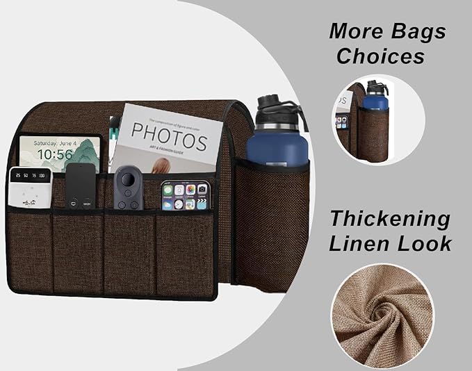 Ntomtuex Sofa Armchair Caddy Remote Control Holder with Water Bottle for Couch Recliner, Armrest Organizer with 7-Pocket Design for Magazines, Eyeglasses, iPad, Phone, Brown