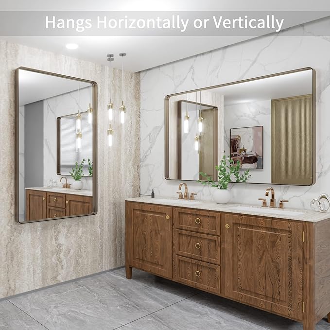 LOAAO 48”X32” Bronze Bathroom Mirrors for Vanity, Rounded Rectangle Brushed Bronze Metal Frame Mirror, Anti-Rust, Tempered Glass, Hangs Horizontally or Vertically