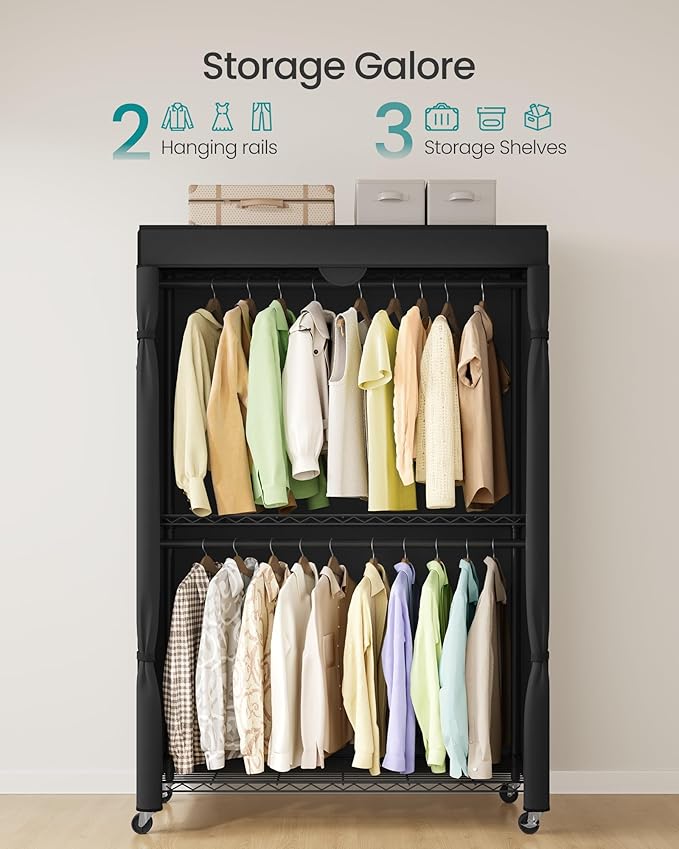 SONGMICS Heavy-Duty Rolling Clothes Rack, Garment Rack, Portable Closet, 43.3-Inch Wide Clothing Rack on Wheels, with Adjustable Mesh Shelves and Hanging Rails, Fabric Cover, Ink Black ULGR415B01