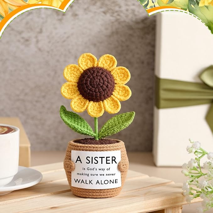 Wavwavw Sister Gifts Handmade Crochet Doll with Card Crochet Present for Sisters Sis Big Little Sister Birthday Wedding Home Decor(Helianthus)