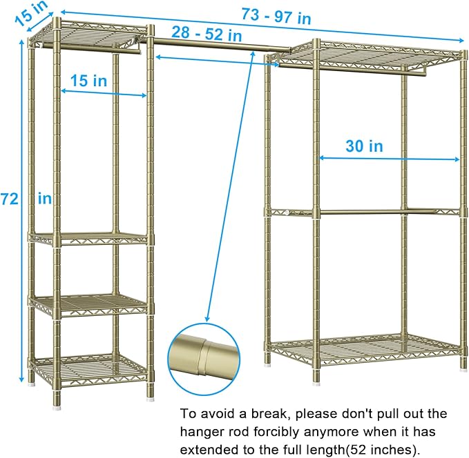 Ulif E10 Clothes Rack（With Stretchable Hanger Rod）Freestanding Clothing Racks for Hanging Clothes，Adjustable Closet Organizer System，Portable Garment Rack 73-97"W x 15" D x 72" H，Max Load 800LBS，Gold