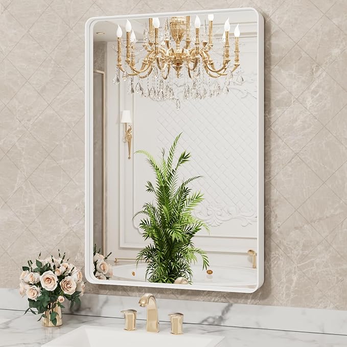 LOAAO 28x36 Inch White Metal Framed Bathroom Mirror for Wall, White Bathroom Vanity Mirror Farmhouse, Large Rounded Rectangle Mirror, Anti-Rust, Hangs Horizontally or Vertically