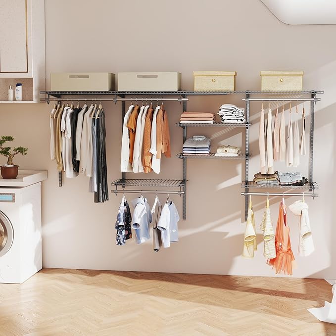 Giantex Closet Organizer System, Wall-mounted Custom Closet Kit w/Adjustable Storage Shelves, Wardrobe Clothes Rack w/Hanging Rods, Perfect for Coats, Pillows, Blanket (Gray, 98.5"x13.5"x48)