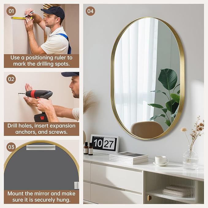 Gold Oval Mirror, 17"x30" Oval Bathroom Mirror, Brushed Gold Mirror with Aluminium Alloy Frame, Anti-Rust, Tempered Glass