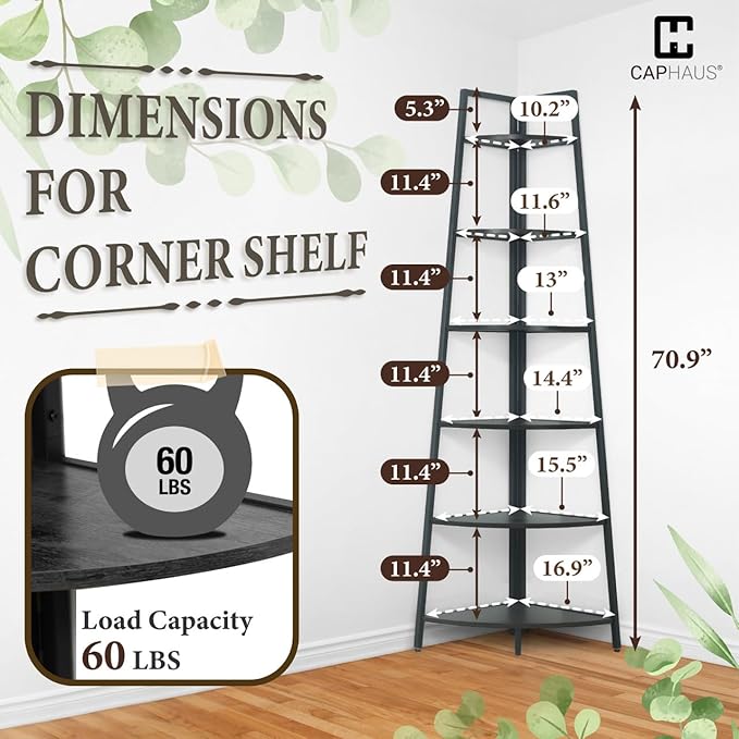 CAPHAUS Tall Corner Shelf Stand, 6-Tier Display Shelves, Ladder Corner Wood Storage Plant Bookshelf with Metal Frame, Versatile Shelving Unit Bookcase for Home Office Space, Black