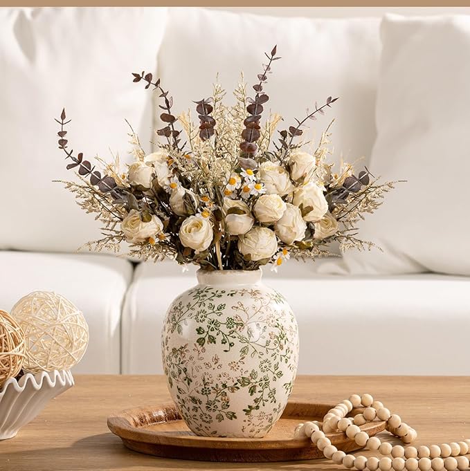 Ceramic Rustic Vase, Green and Beige Flower Vintage Decorative Vase Chinoiserie Decor Rustic Farmhouse Retro Floral Vases for Table Bookshelf Mantel Kitchen Living Room Office- 7.8inch