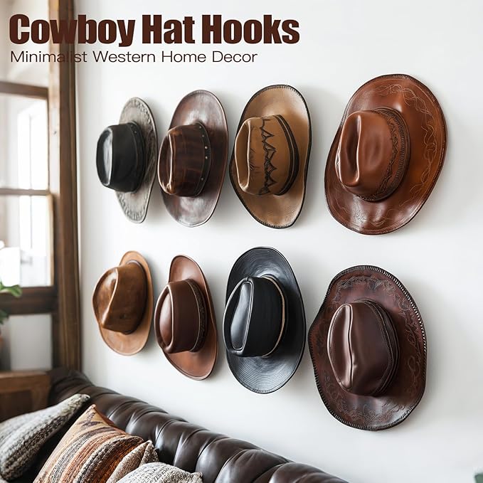 2.8 Inch Hat Hooks for Wall - (8 Pack) Cowboy Hat Rack, Strong Adhesive Cap Holder, Organizer for Baseball Caps, Western Room Decor - Clear