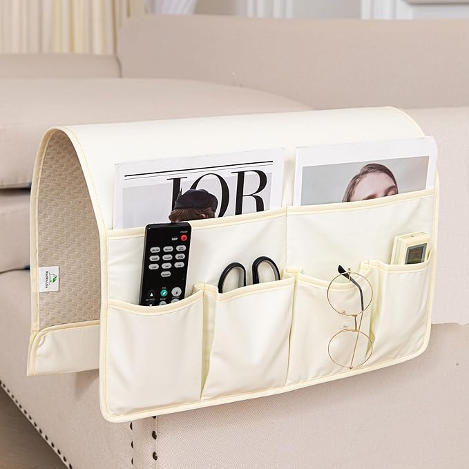 HAOMAIJIA Anti Slip Sofa Armrest Organizer Arm Chair Bedside Caddy Storage Organizer For Recliner Couch With 6 Pockets For Cell Phone Tv Remote Control (Ivory White, 31.89 inches × 18.5 inches)