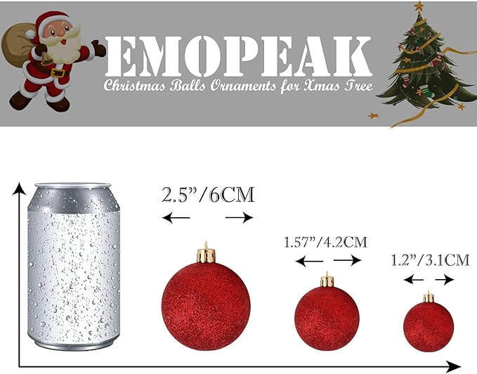Emopeak 24Pcs Christmas Balls Ornaments for Xmas Christmas Tree - 4 Style Shatterproof Christmas Tree Decorations Hanging Ball for Holiday Wedding Party Decoration (Red, 1.6"/4.2CM)